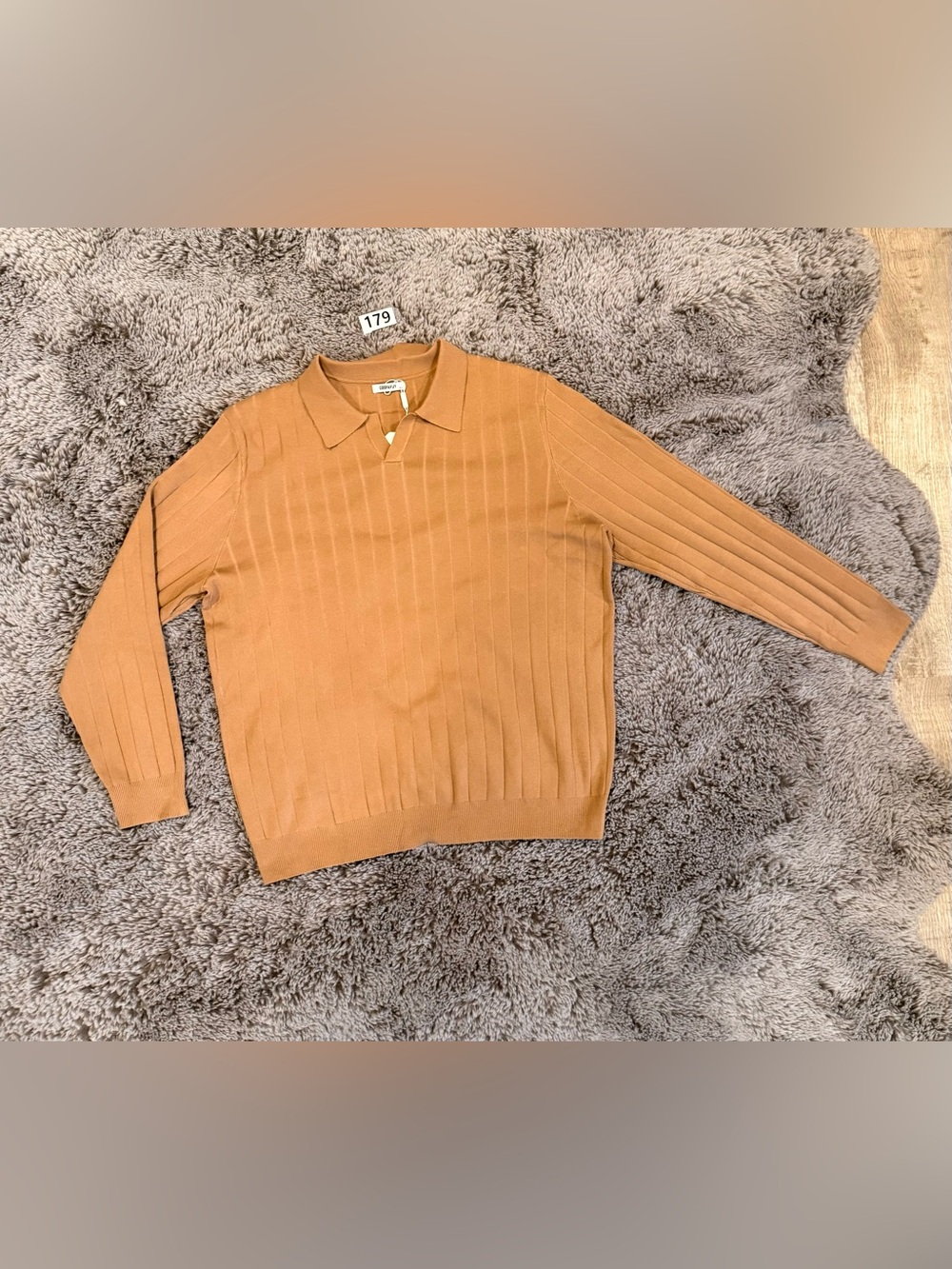 Men's Ribbed V-Neck Polo Sweater in Camel Brown